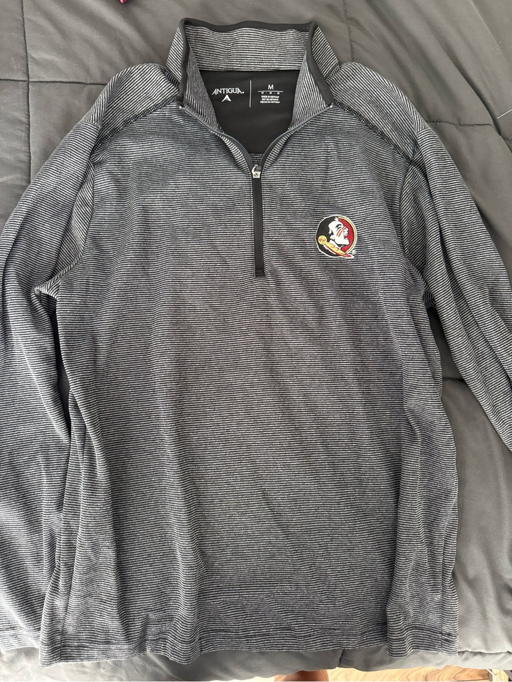 FSU Antigua Men’s Gray Striped Quarter-Zip Pullover with Team Crest